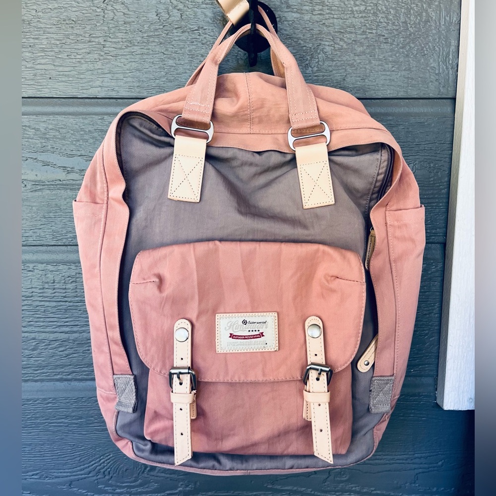 Himawari Pink & Gray Canvas Backpack with Cream Trim